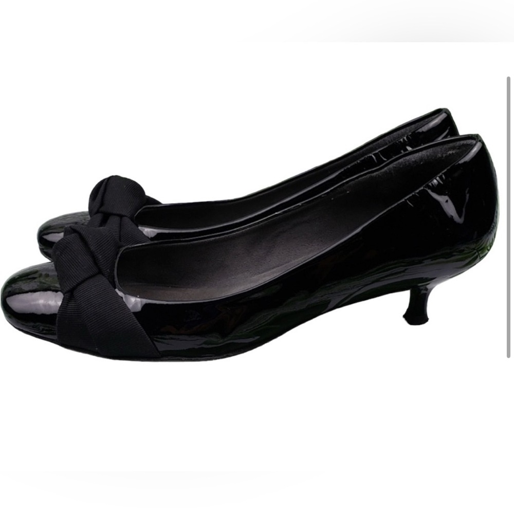 Stuart Weitzman patent kitten heel pumps